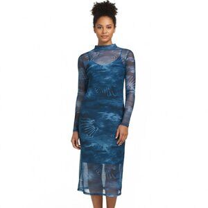 FRYE Mock Neck Mesh Long Sleeve Dress in Ensign Blue Combo Size M NWT $139